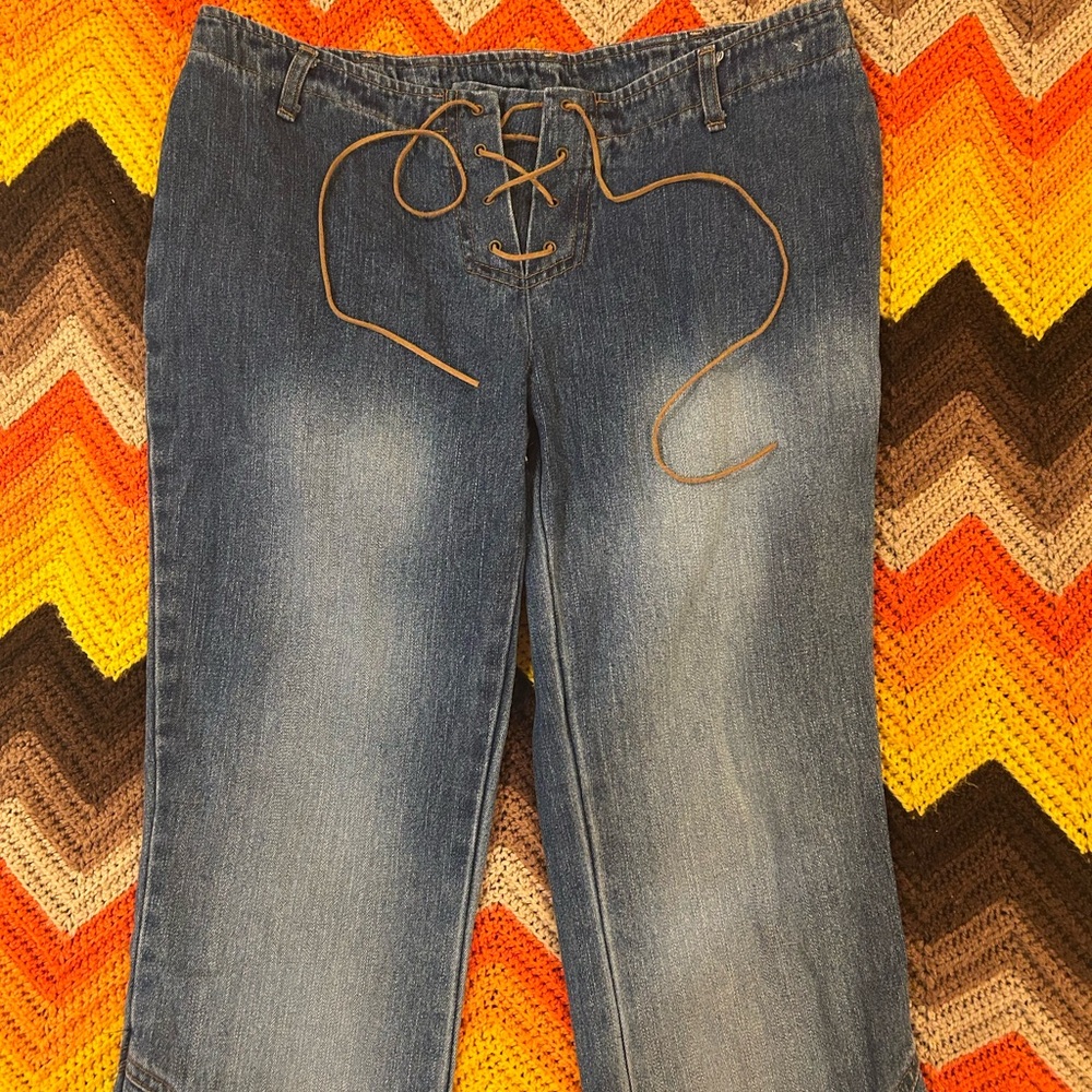 Vintage Blue cotton Lace-Up Women's Jeans